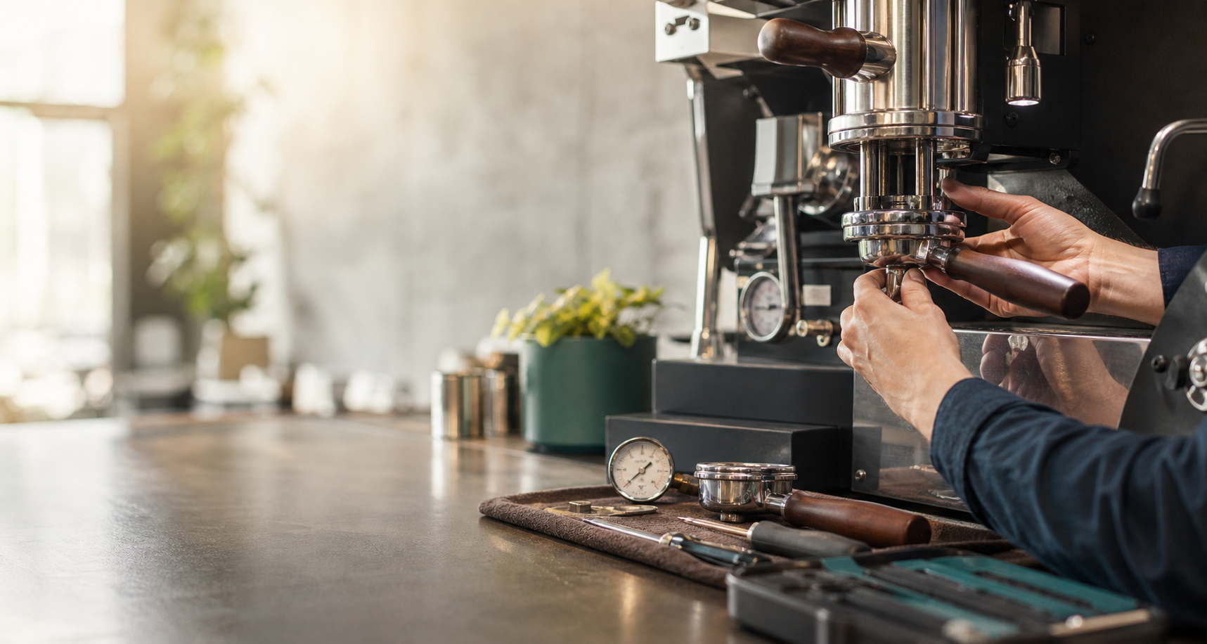 Technician servicing a commercial espresso machine